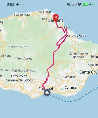 Screenshot of the Madeira Bus app showing a map of Madeira with the bus route from Funchal to Santana drawn across the island.