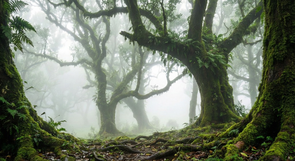 Misty ancient laurel trees in Fanal forest, Madeira